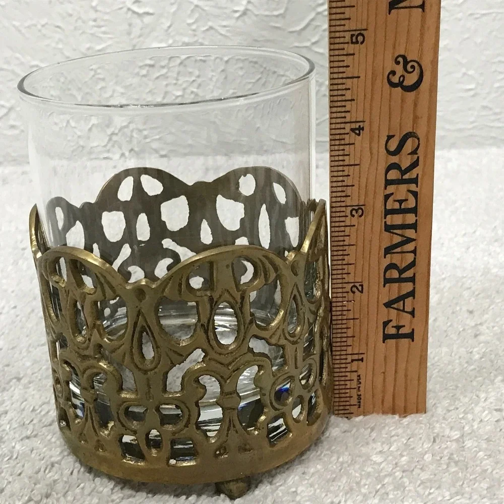 Vintage Brass Glass Votive Candle Holder Filigree Open Work Footed Sleeve India